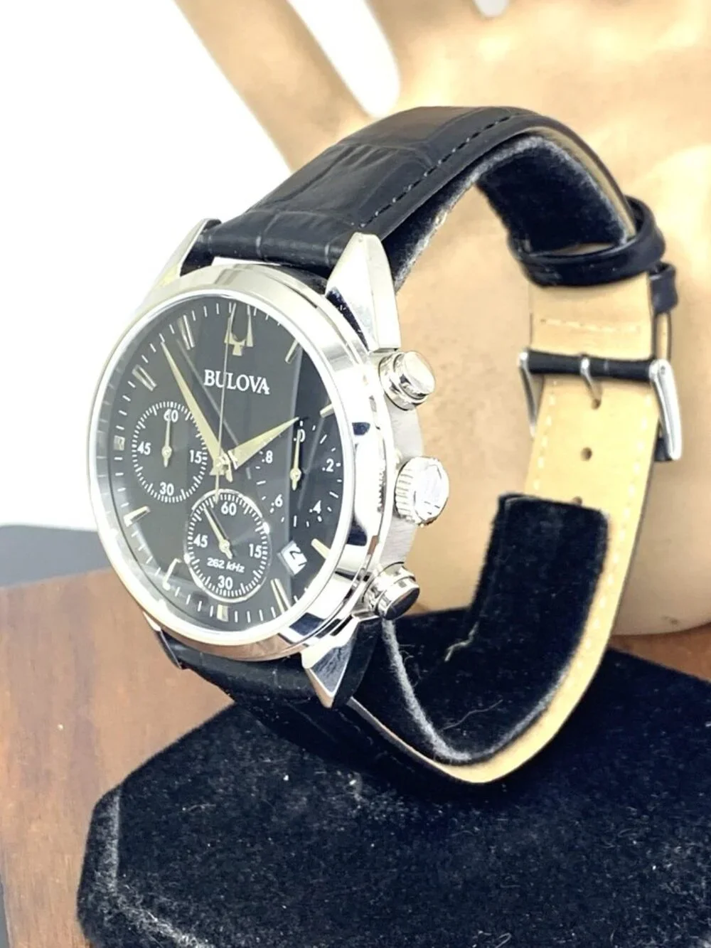 Bulova Men's Watch 96B371 Quartz Chronograph Black Dial Leather Strap 42mm
